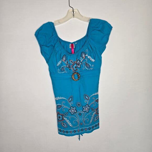 Vintage Y2K Floral Embroidered Peasant Blouse Blue Puff Fairy Women Medium - Picture 8 of 10